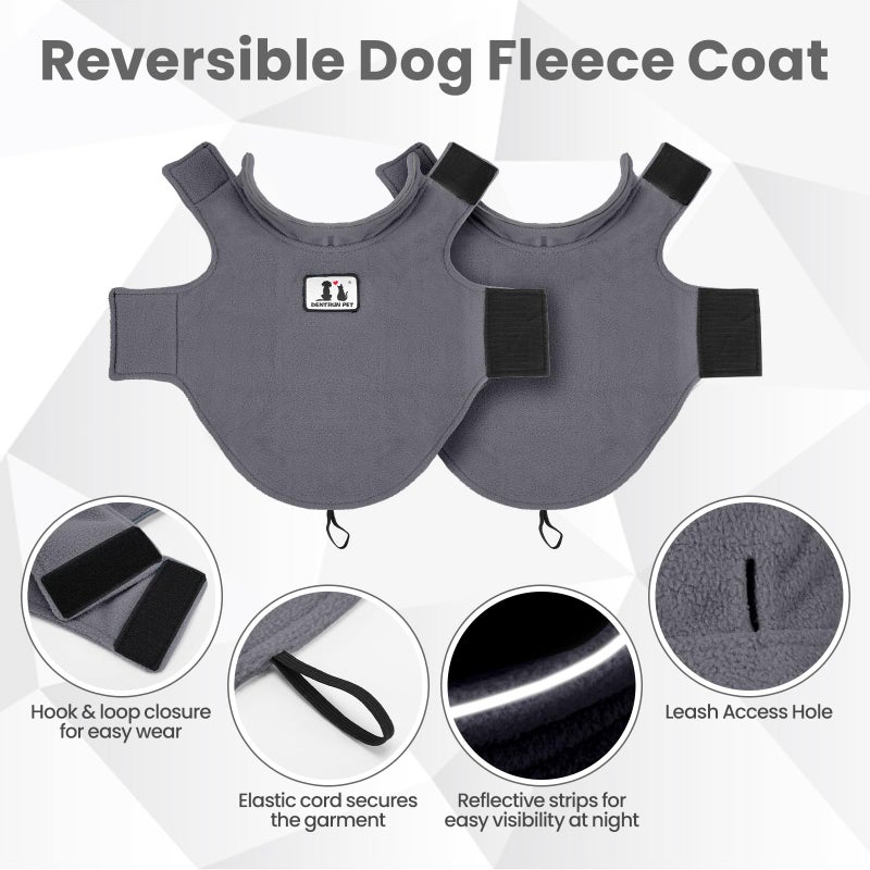 DENTRUN Reversible Dog Coat - Windproof Polar Fleece Vest with Reflective Neck Strips, Hook & Loop Closures, Easy-On Cold Weather Jacket for Medium Puppies (Medium Dogs Gear) - Image 3